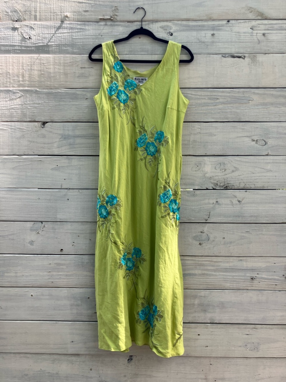 Vintage Y2K Plaza South Petite Floral Embroidered Linen Dress Blue and Green